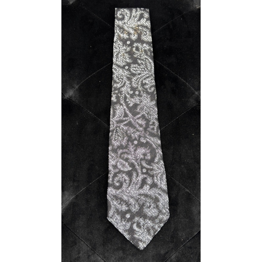 Vitaliano Pancaldi Mens Silk Tie Silver Black Metallic Floral Paisley Luxury